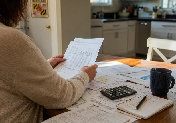 Person reviewing financial documents during divorce Maryland — sell marital home for cash