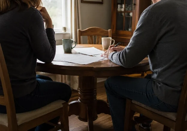 Divorce spouses reviewing home sale documents Maryland — selling marital home
