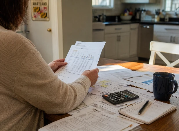 Person reviewing financial documents during divorce Maryland — sell marital home for cash