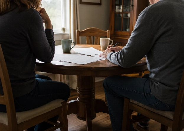 divorce-spouses-reviewing-home-sale-documents-maryland-cash-offer Divorce spouses reviewing home sale documents Maryland — selling marital home