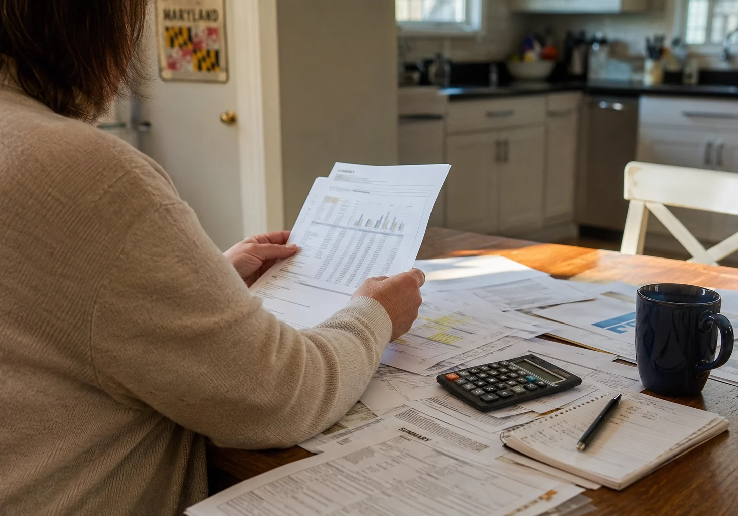 Person reviewing financial documents during divorce Maryland — sell marital home for cash