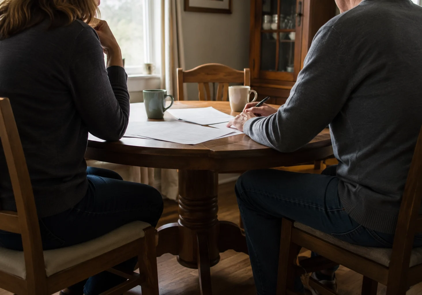 Divorce spouses reviewing home sale documents Maryland — selling marital home